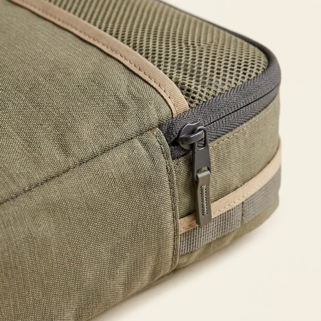 Detail of the structured zip and mesh panel.