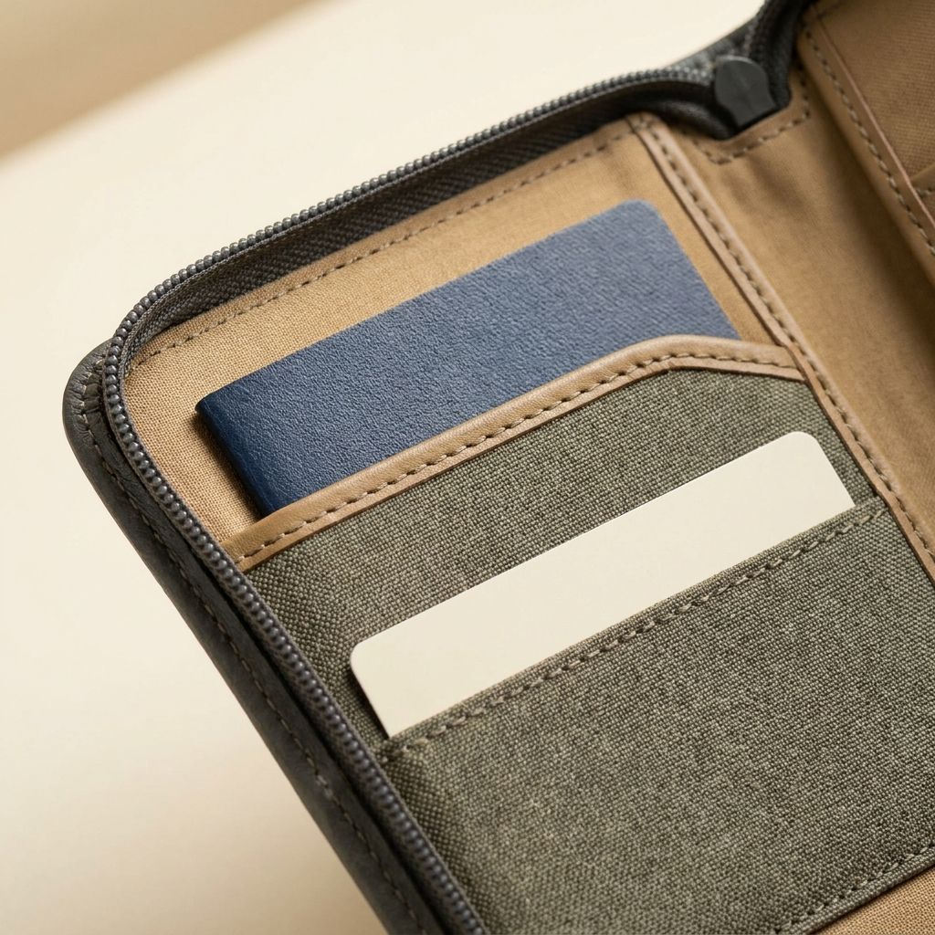 Shown open with passport and card organization.