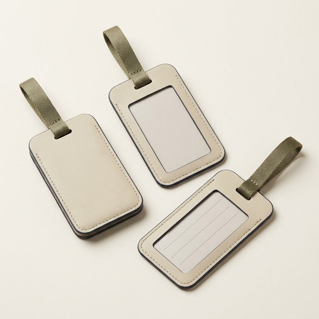 Three-piece luggage label set.