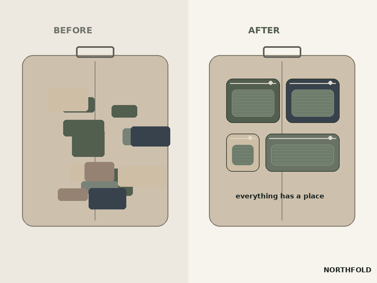 Before and after suitcase organization using the Northfold Packing System.