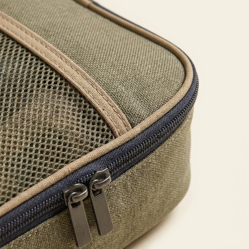 Close-up of the woven fabric, mesh, zipper and edge construction.