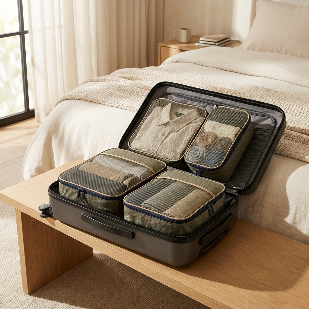 The Packing System organized inside a carry-on.