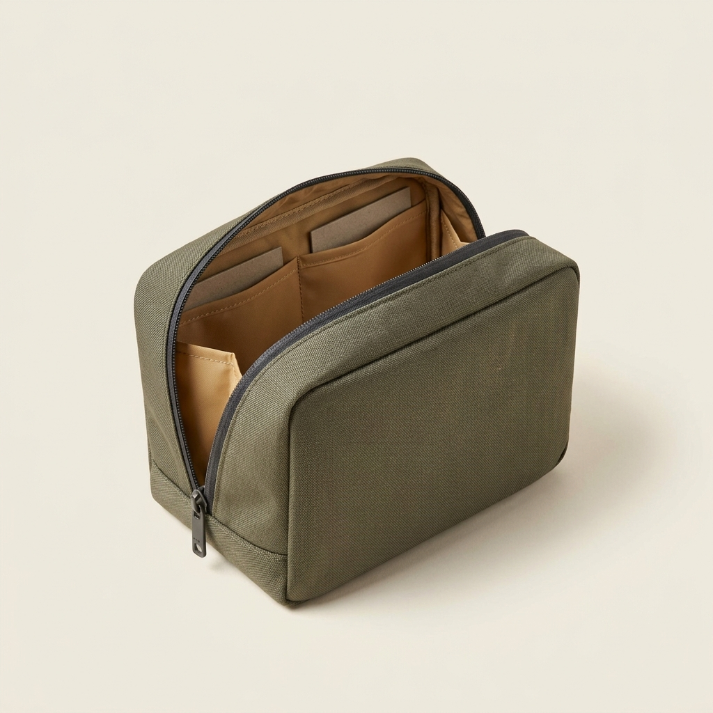 Structured zip toiletry caddy.